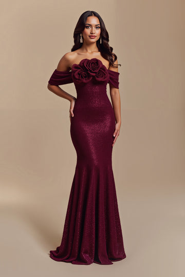 Sparkly Burgundy Mermaid Floral Long Party Dress